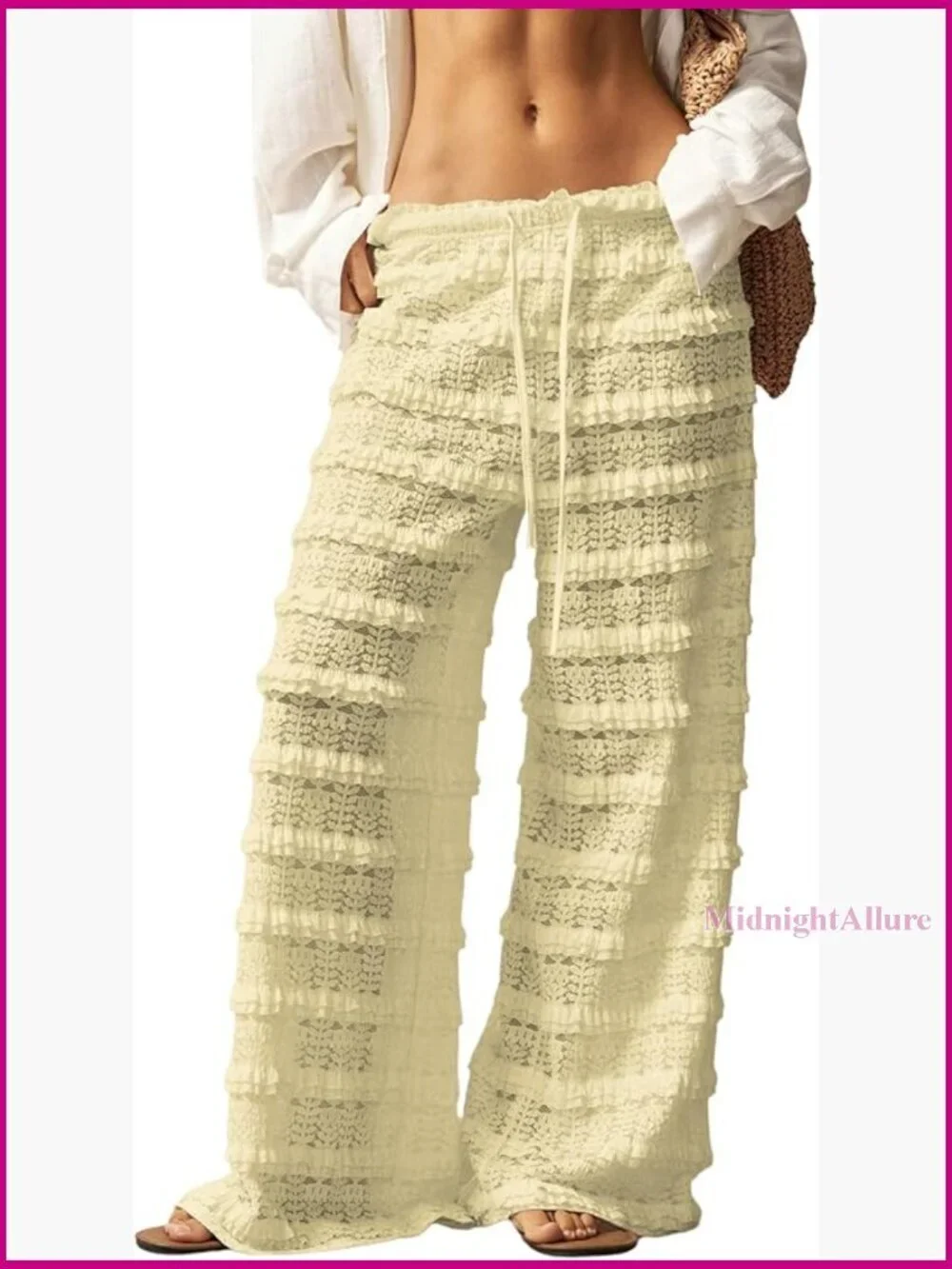 Crochet Lace Ruffle Cover Up Pants Elastic Waist Beach Swim